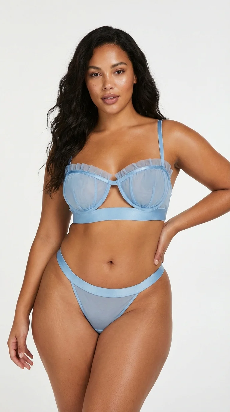 LunaIntim Mavi Tül Fırfırlı Sütyen Takımı Saten Detaylı ve Pencereli Modern Set - Arka Görünüm